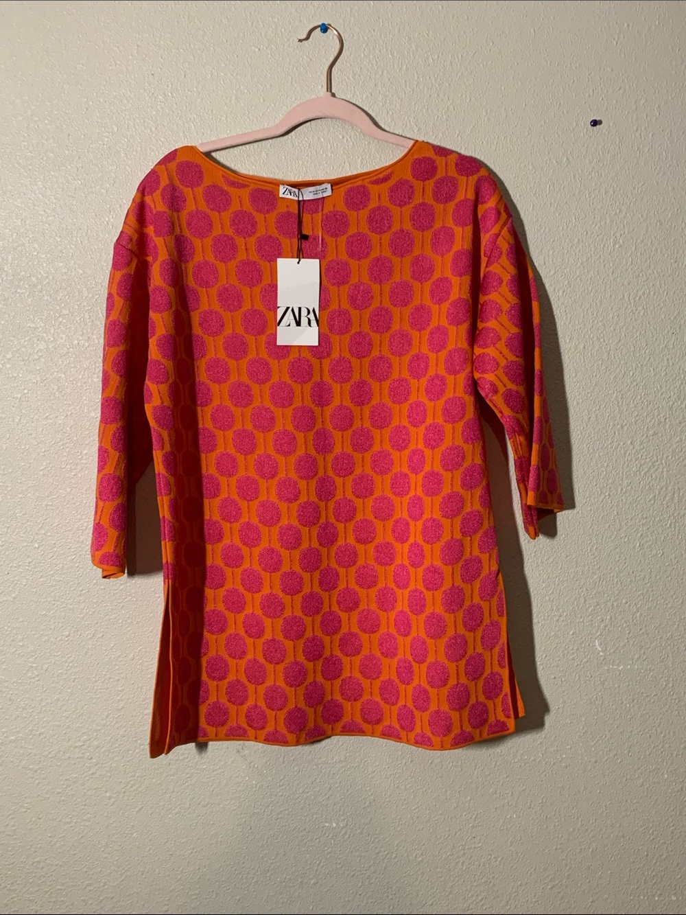 Zara Pink and Orange Polka-Pattern Knit Tunic